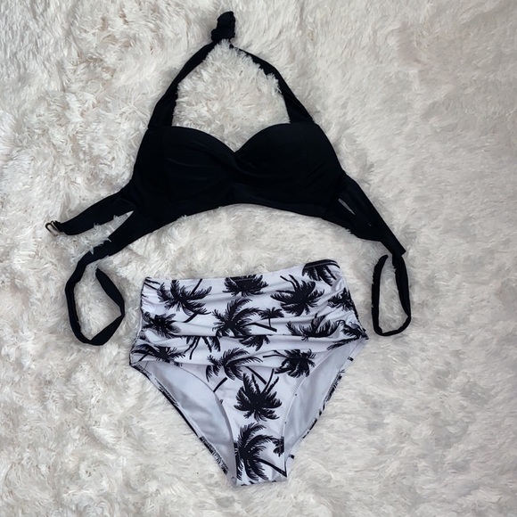 Women Vintage Swimsuit Two Piece Retro Halter Ruched High Waist Bikini XS - Picture 3 of 7